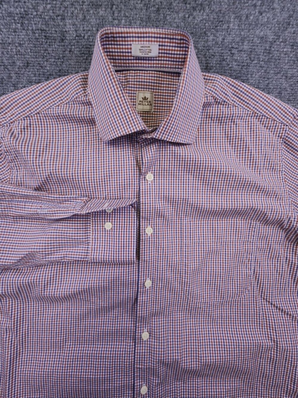 Peter Millar Adult Men's Medium Long Sleeve Button Up Shirt Orange Blue Plaid
